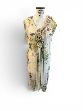 LILITH Silk Sheer Floral Ruffle-Trim Sleeveless Dress - Cream